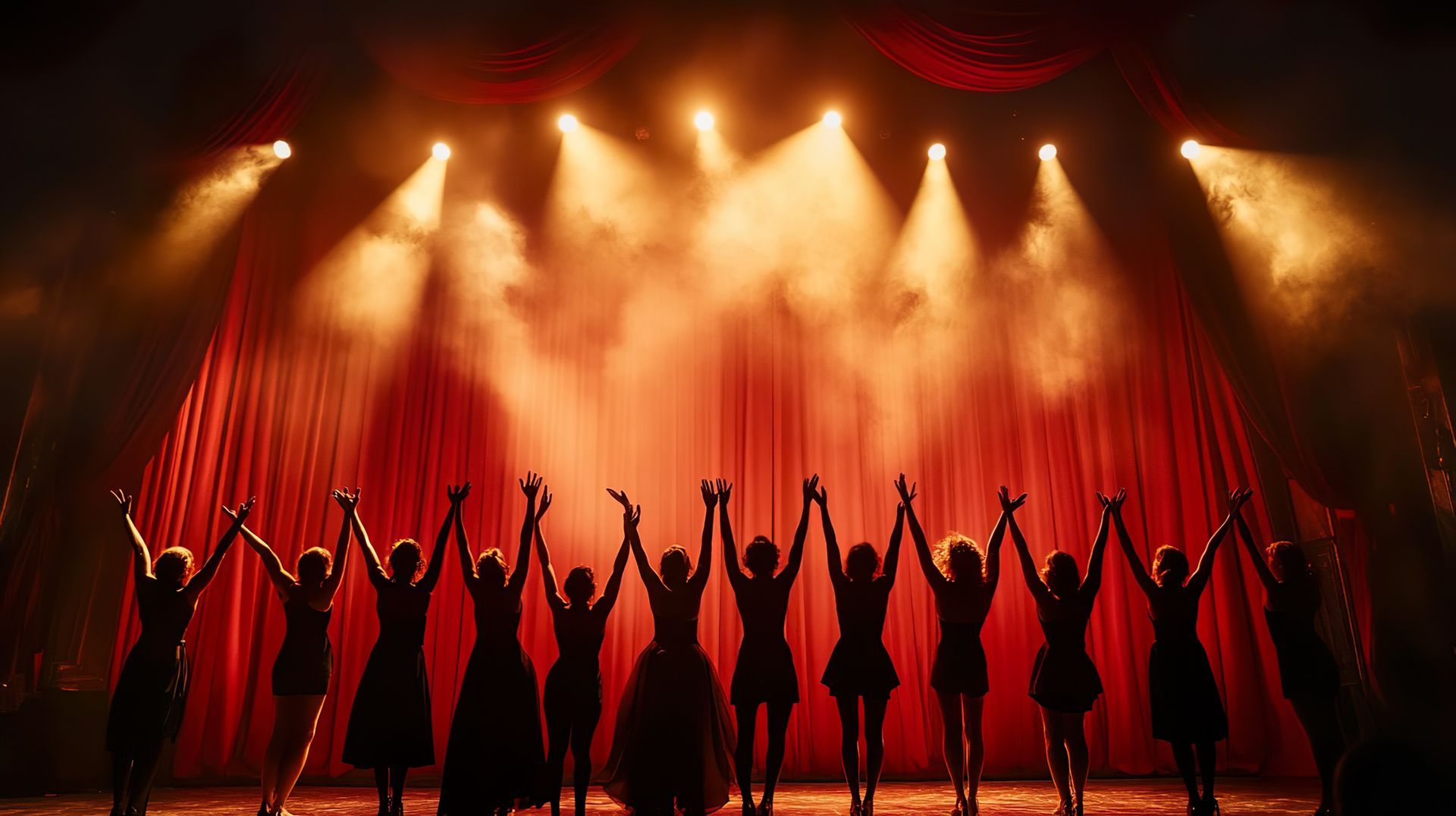 A group of people are standing on a stage holding hands.