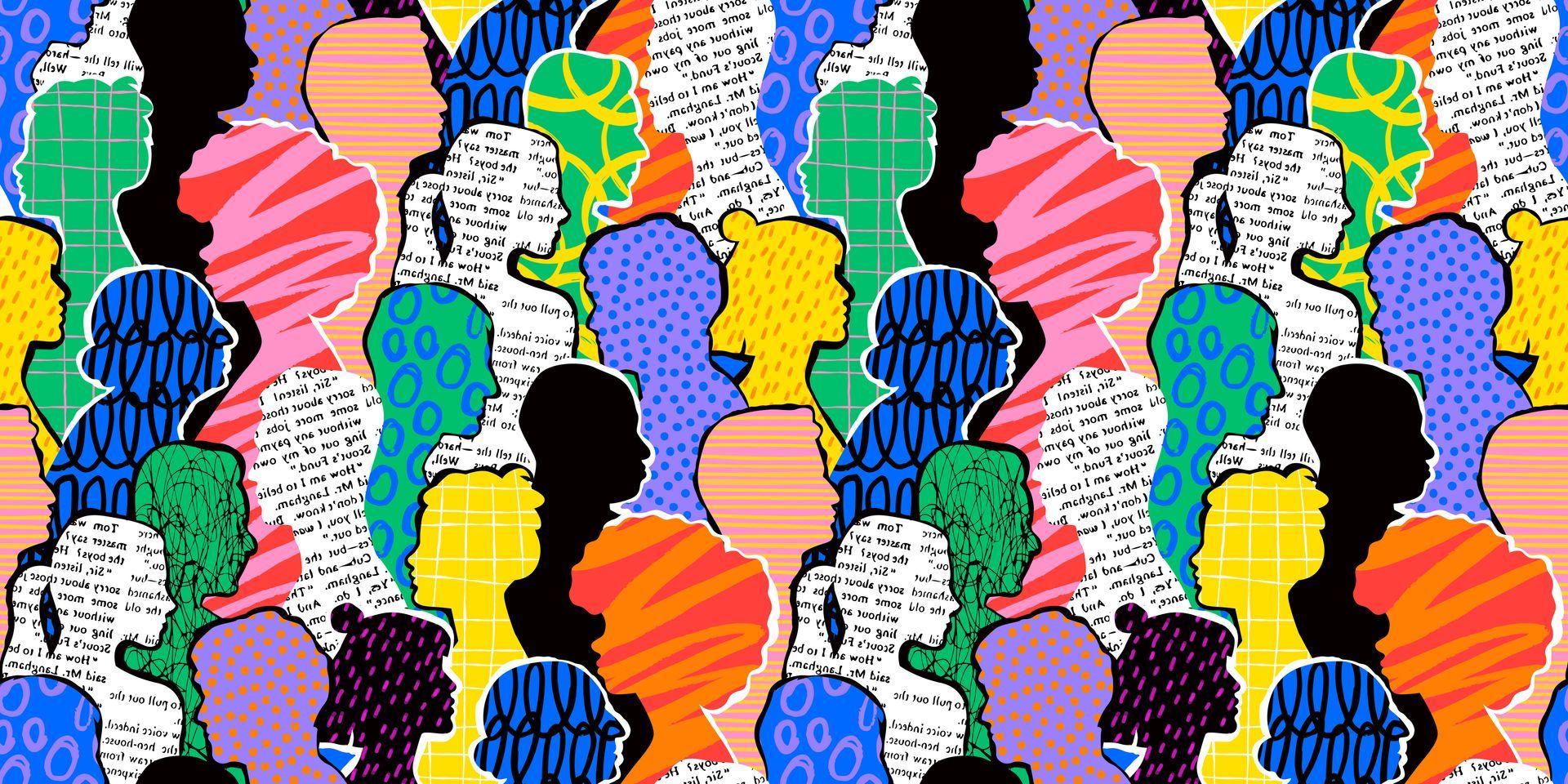 A seamless pattern of colorful heads on a colorful background.