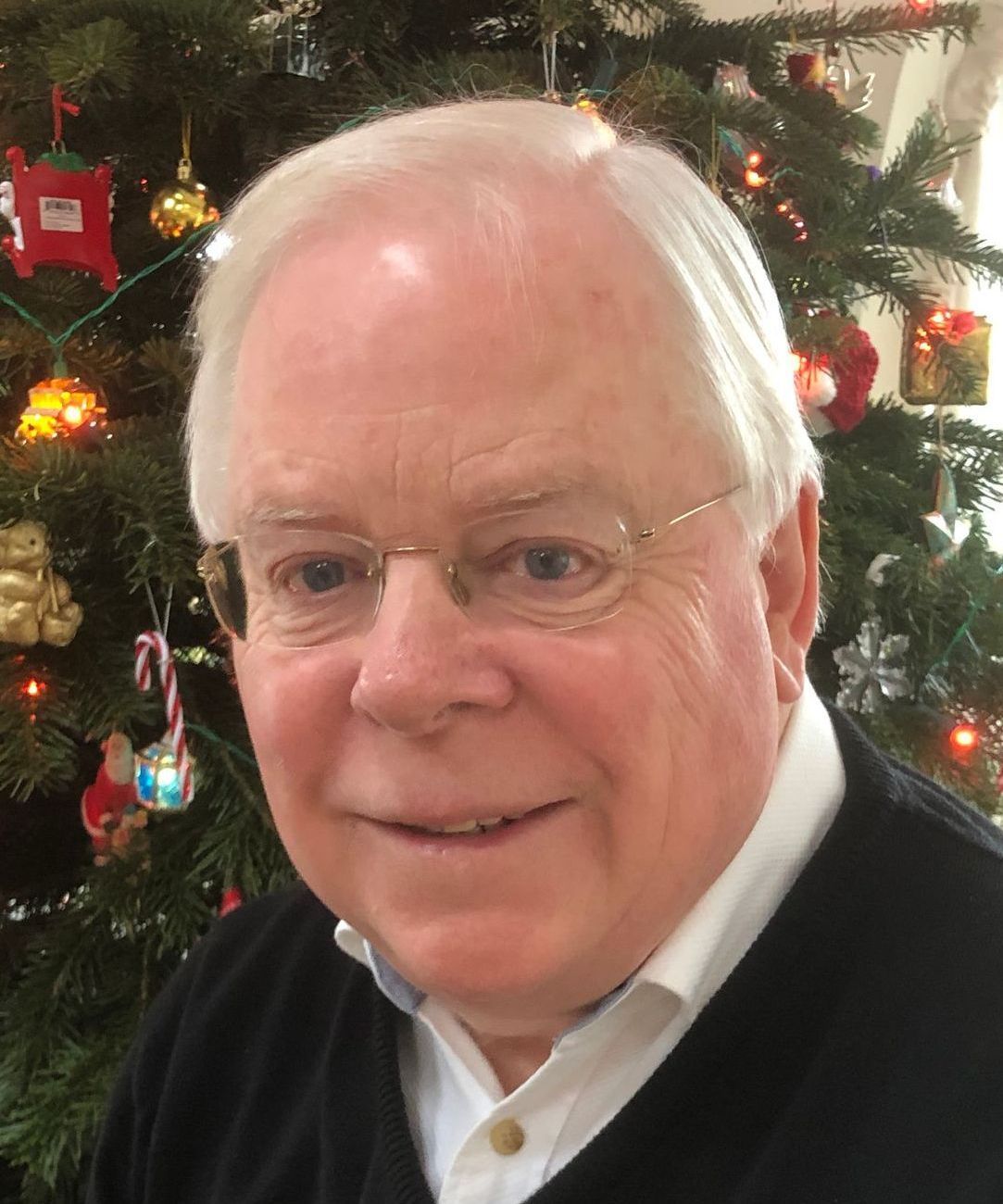 A man wearing glasses is smiling in front of a christmas tree.