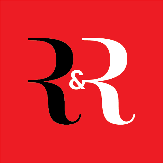 A black and white letter r on a red background