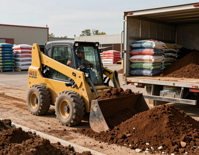 Skid steer loading topsoil for a delivery trailer at a supply yard.