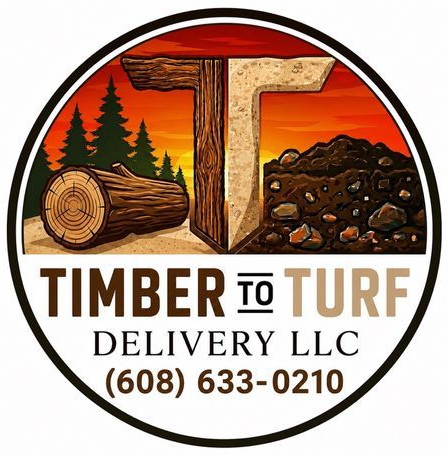 Timber to Turf Delivery LLC logo with logs, soil, sunset trees, and phone number (608) 633-0210