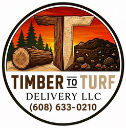 Timber to Turf Delivery LLC logo with logs, soil, sunset trees, and phone number (608) 633-0210