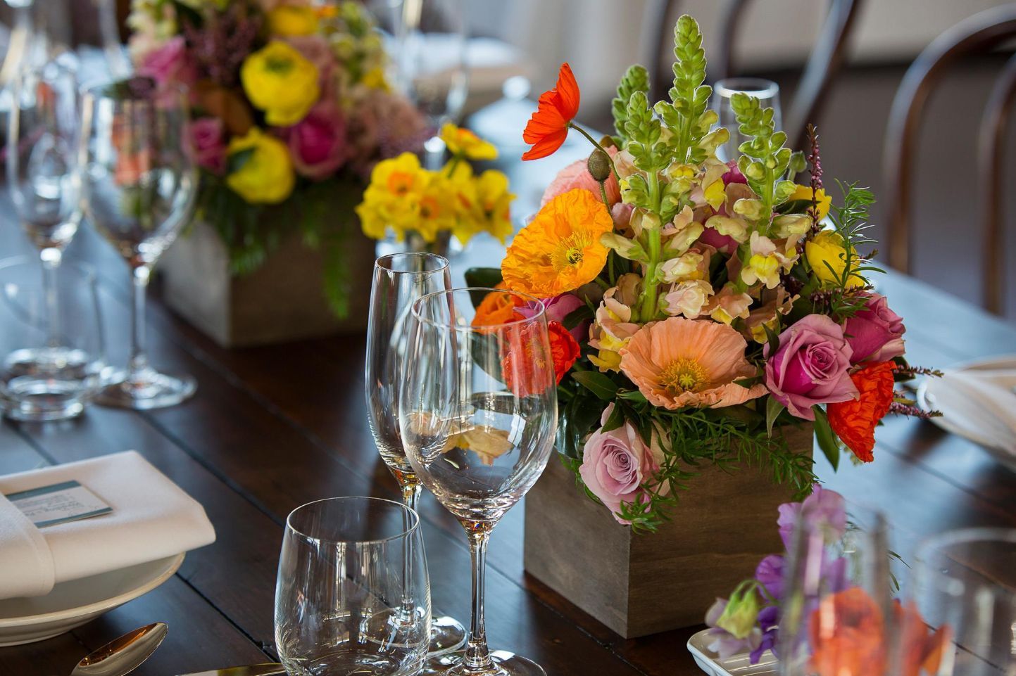 Beautifully Decorated Table With Flowers And Glassware — Wedding & Event Hire In Bangalow, NSW