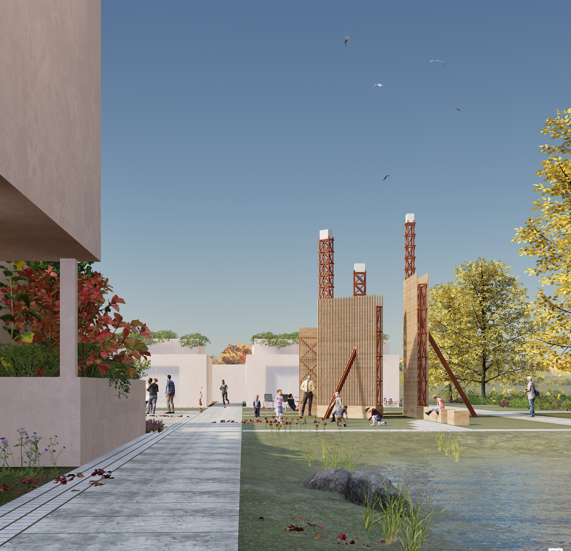 Architectural render of the three wooden walls during day time