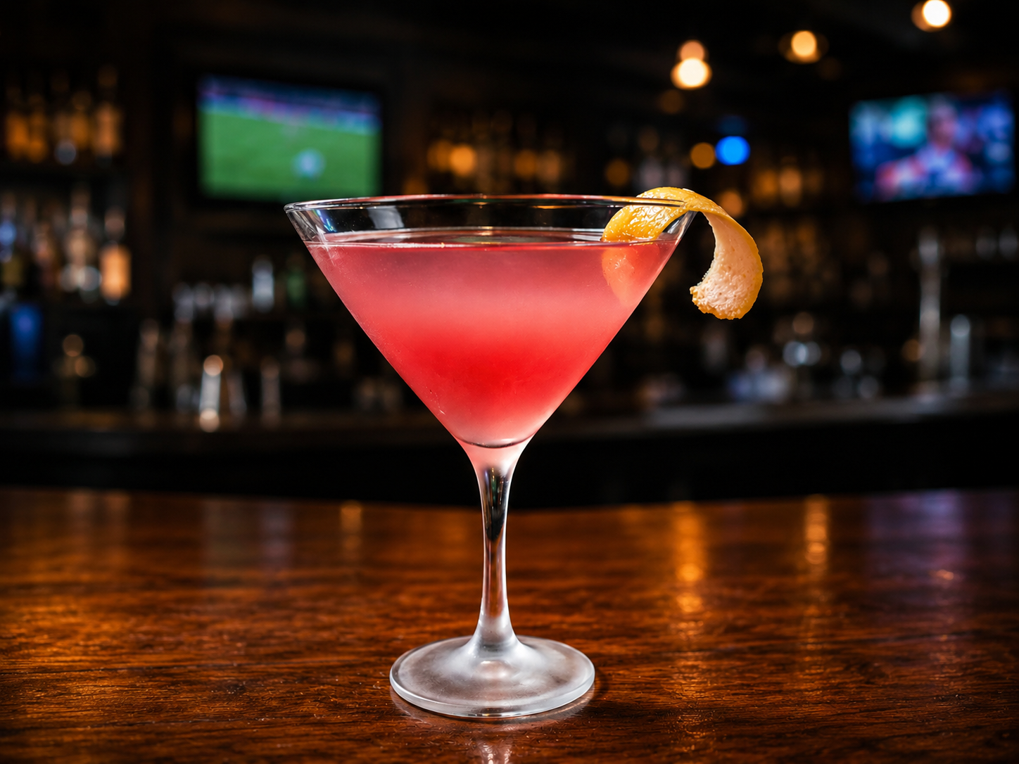 Pink cocktail in a martini glass with a lemon twist on a bar counter