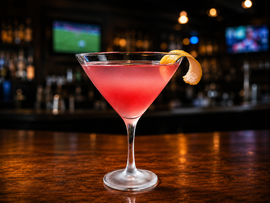 Pink cocktail in a martini glass with a lemon twist on a bar counter