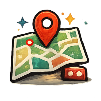 Hand holding smartphone over a map with red location pins