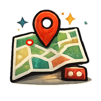 Hand holding smartphone over a map with red location pins