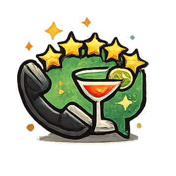 Person using a smartphone with floating chat and star rating icons on a blue background