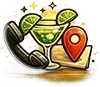 Cocktail glass with lime wedges, phone, and map pin icon on a parchment background