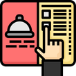 Hand tapping a checklist beside a service bell icon on a split red and yellow panel