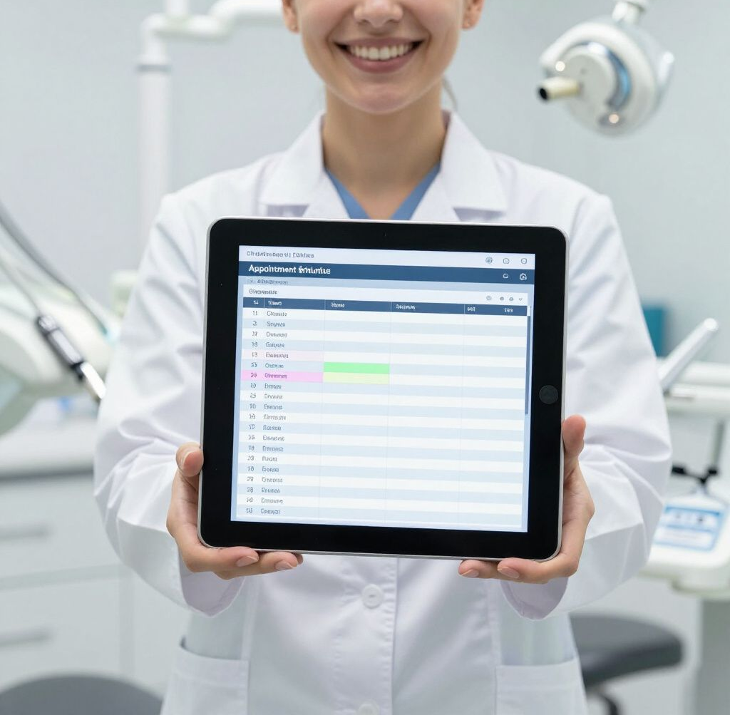 Dental professional holding a tablet with a schedule screen in a bright clinic