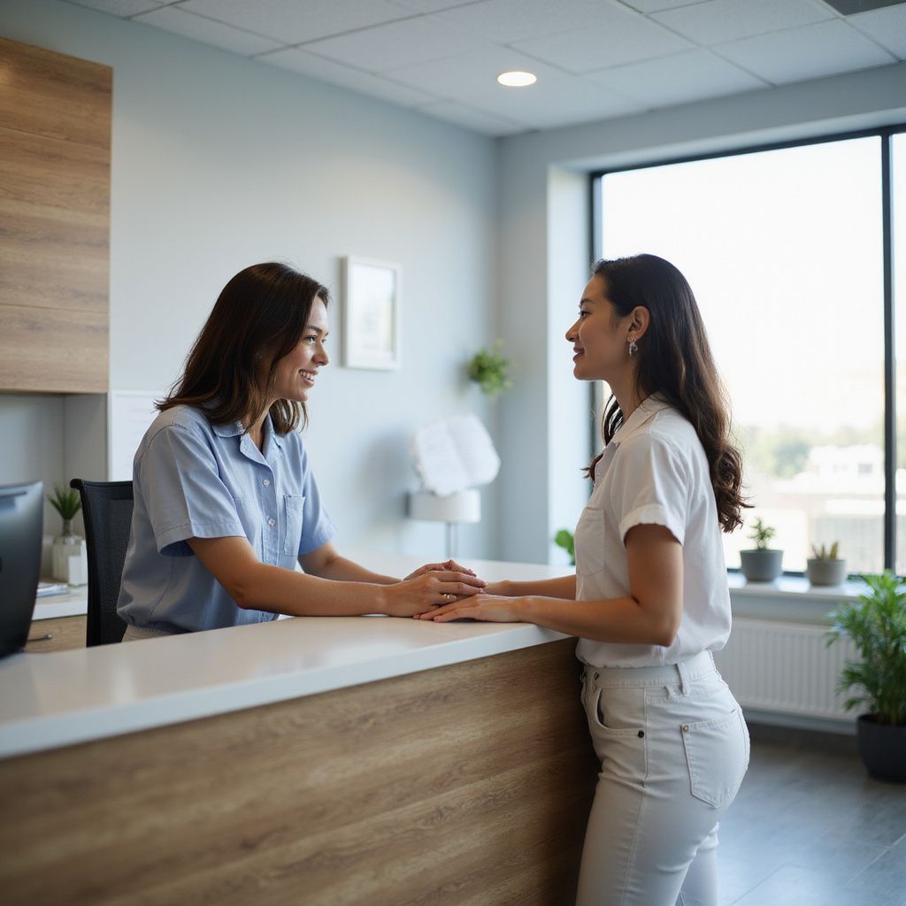 Patients speaking with staff at a dental clinic reception desk