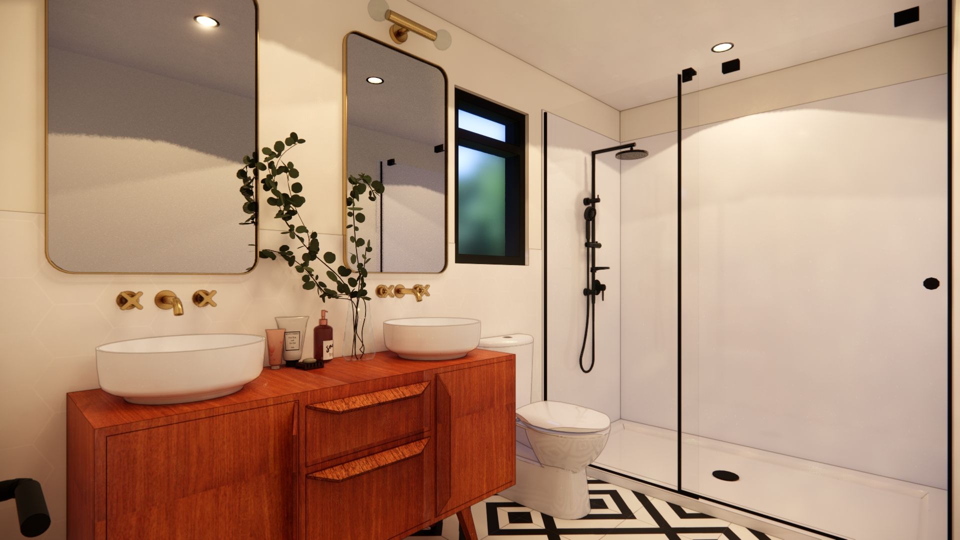 mid mod bathroom with vinyl flooring