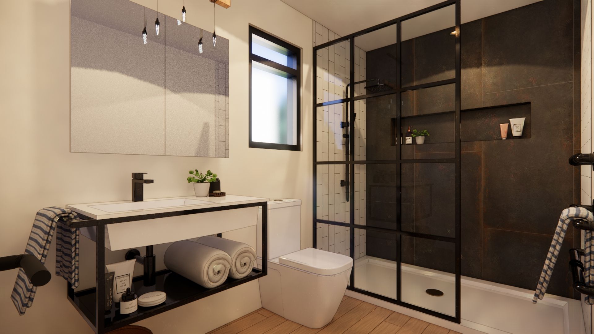 loft style bathroom with walk in shower