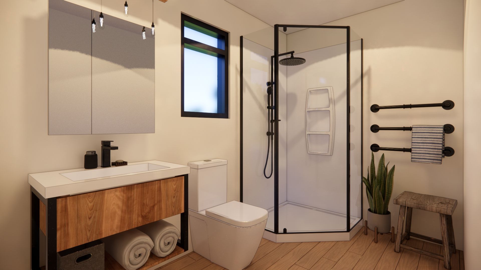 A bathroom with a toilet , sink , shower and window.