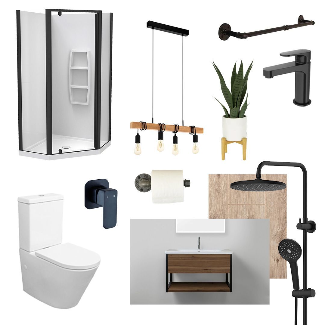 A bathroom with a toilet , sink , shower and other bathroom accessories.
