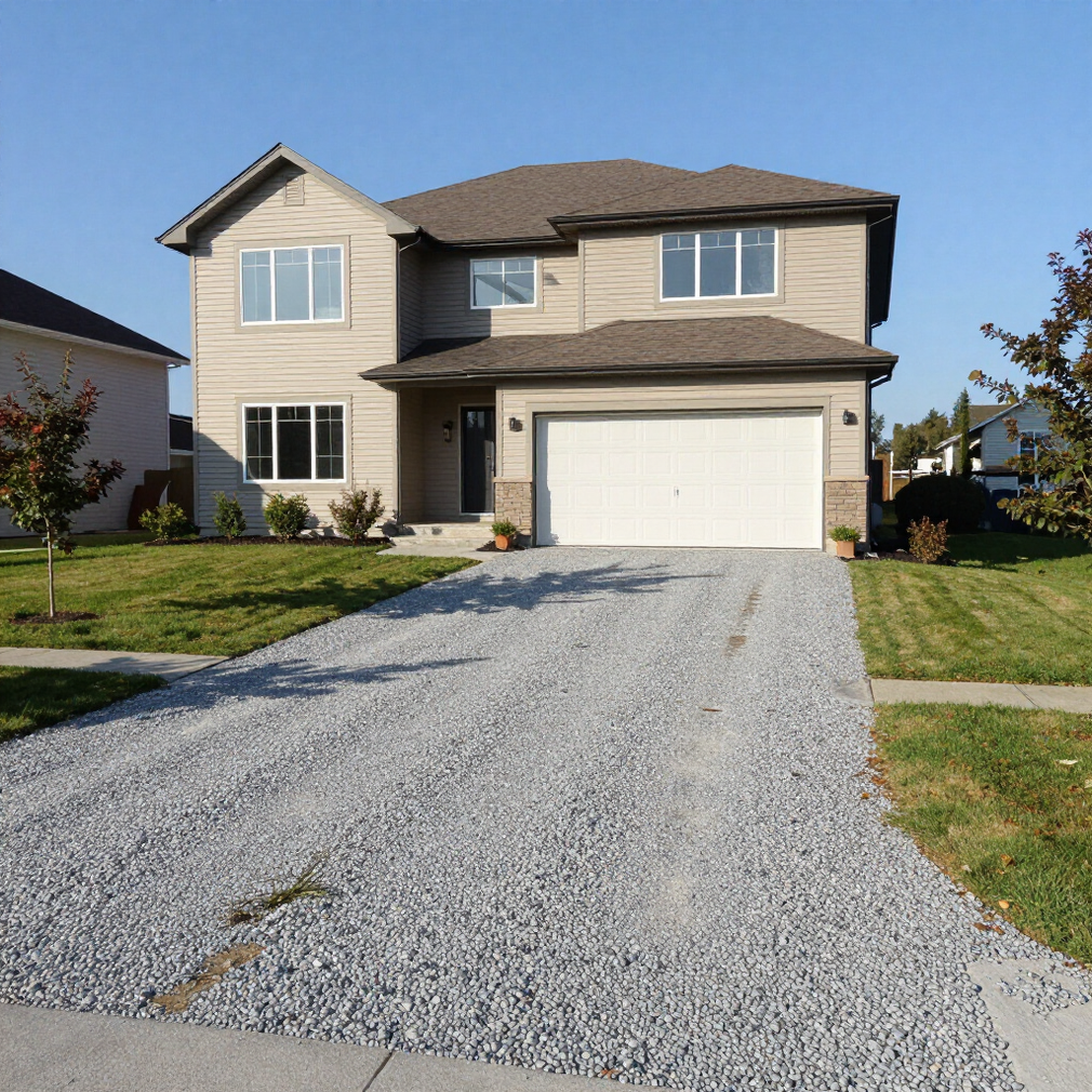 Two-story beige house with a white garage and gravel driveway under a clear blue sky