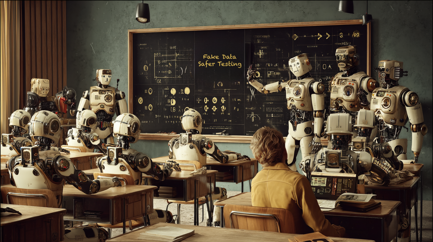 Classroom scene featuring humanoid robots and a single human student. The robots sit at old-fashioned wooden desks, facing a chalkboard filled with complex diagrams and code. One robot at the front is actively teaching, gesturing toward the board where the words “Fake Data, Safer Testing” are prominently written in yellow chalk. The lone human, dressed in a yellow jacket, sits among the machines, facing forward.