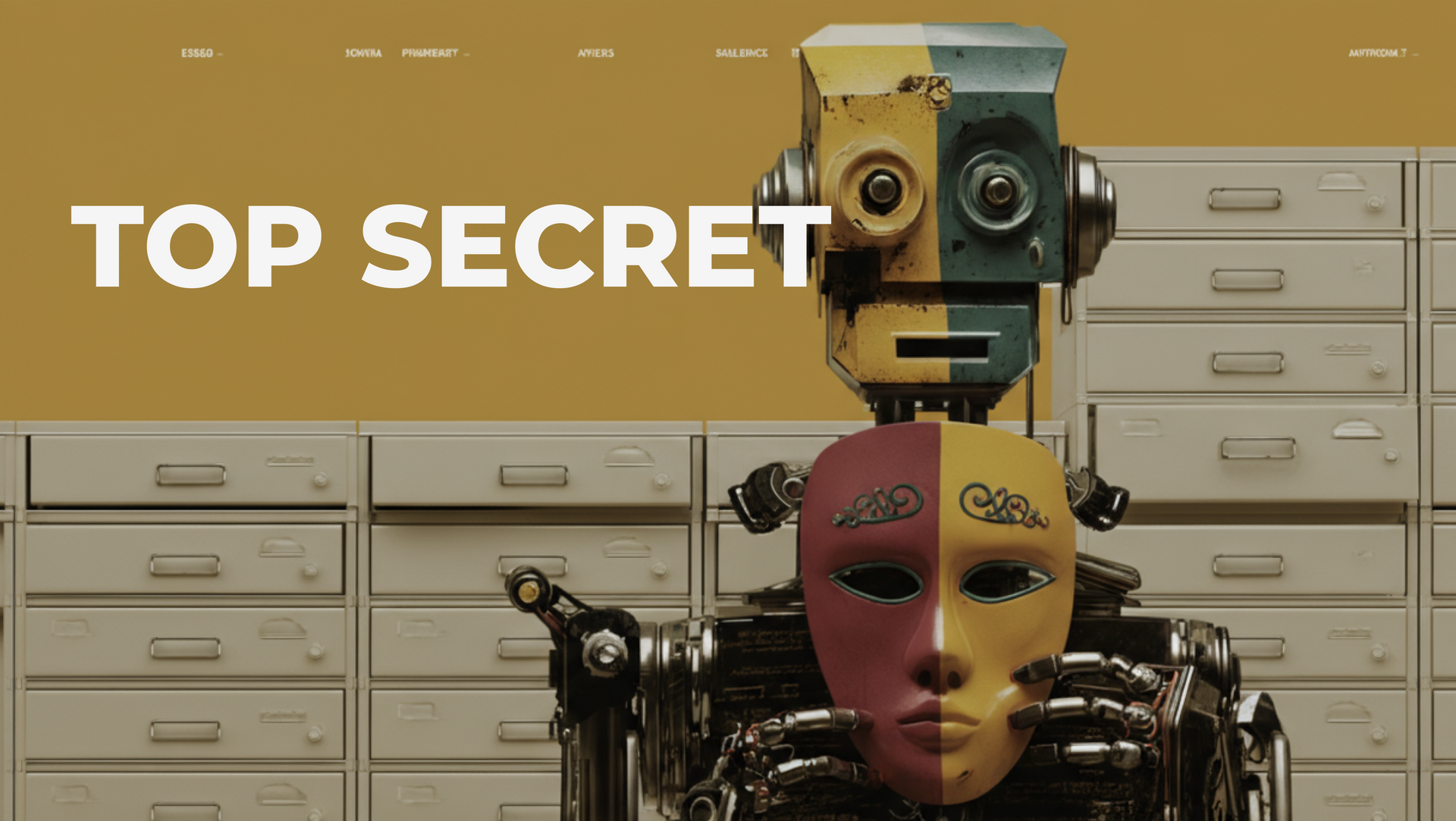 A vintage-style robot with a half teal, half yellow face standing in front of a wall of filing cabinets. The robot is holding a theatrical mask with a red and yellow split design and decorative flourishes above the eyes. The text