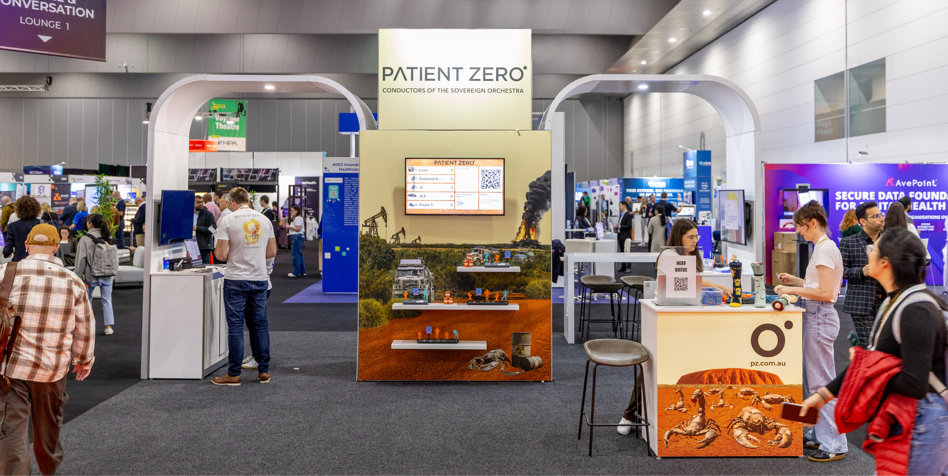 Patient Zero booth at Digital Health Festival had a post-AI-apocalyptic sovereign Australian theme mixing OpenClaw references with power and fuel concerns in an Australian outback landscape.