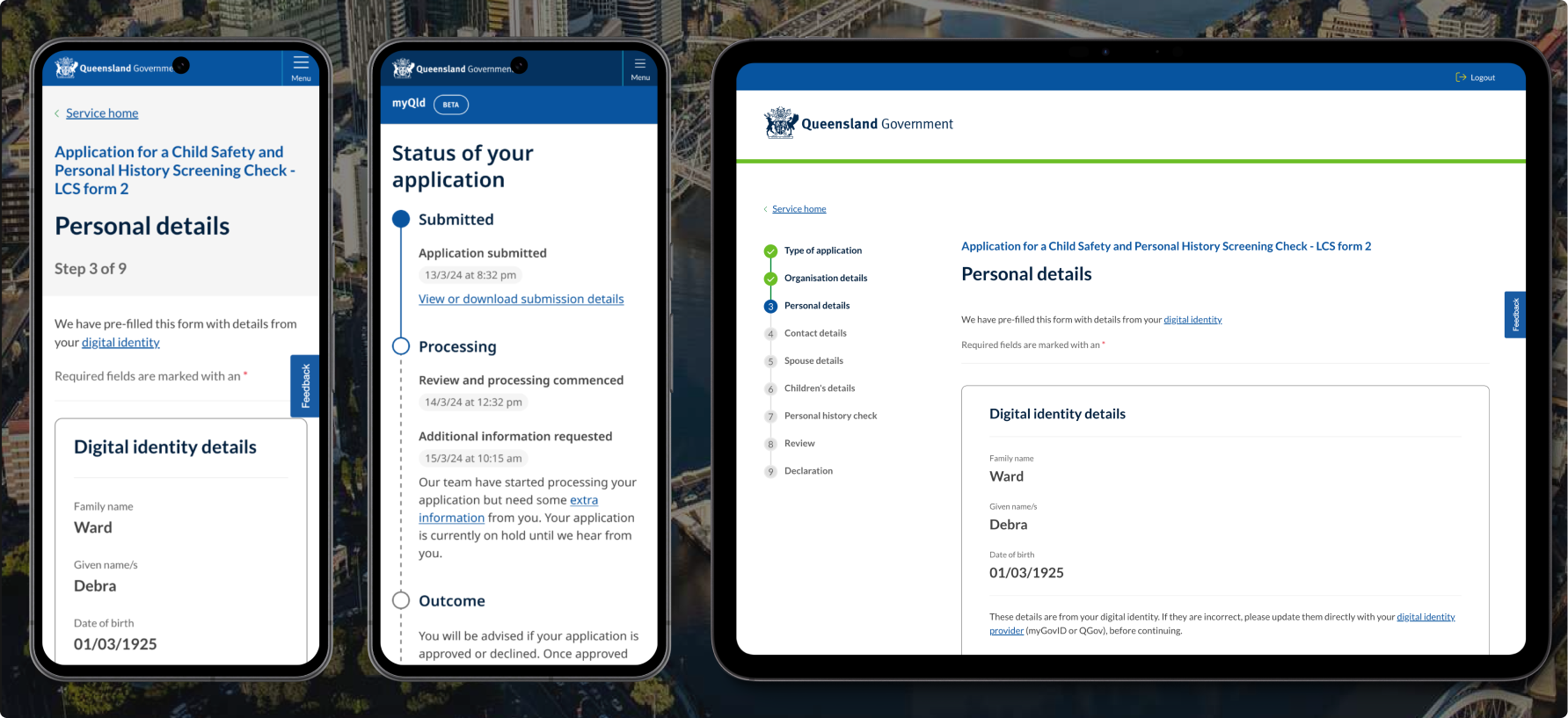 Queensland Government Service Portal Dashboard - Secure, WCAG 2.1 Compliant User Interface developed by Patient Zero.