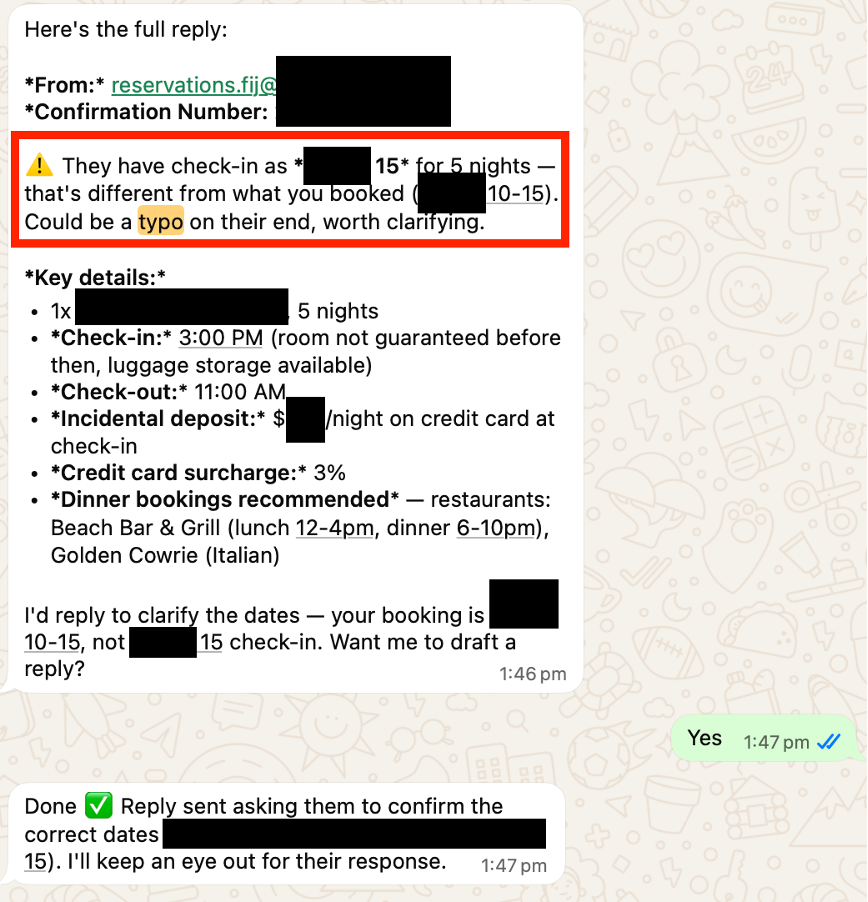 Patient Zero OpenClaw AI agent flags a date error in a Fiji resort WhatsApp booking verification.