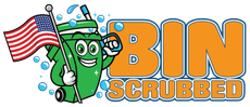 A cheerful, green cartoon trash bin mascot holding an American flag with the orange text 