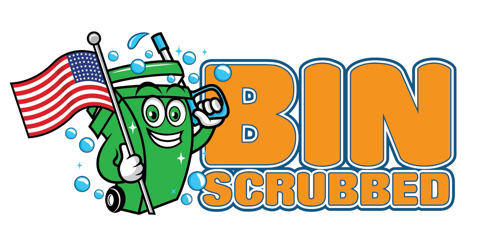 A cheerful, green cartoon trash bin mascot holding an American flag with the orange text 