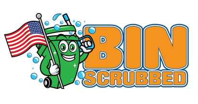 A cheerful, green cartoon trash bin mascot holding an American flag with the orange text 