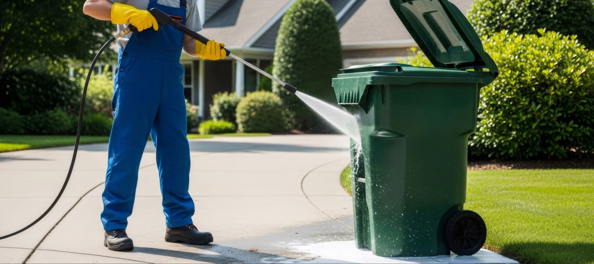 Two grey plastic waste bins with blue lids sit side-by-side on a concrete driveway.