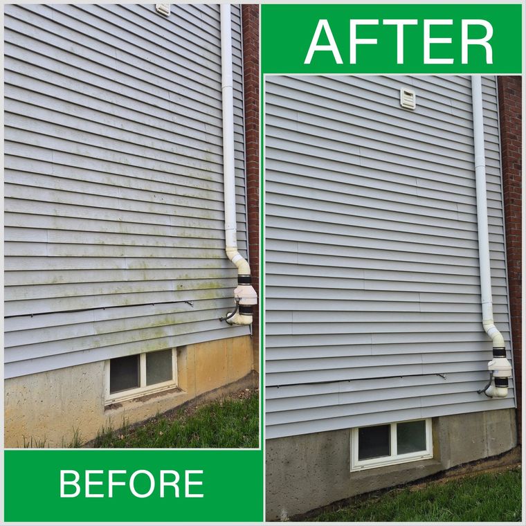 A split-screen comparison shows a before-and-after view of a drive-thru lane being power washed.