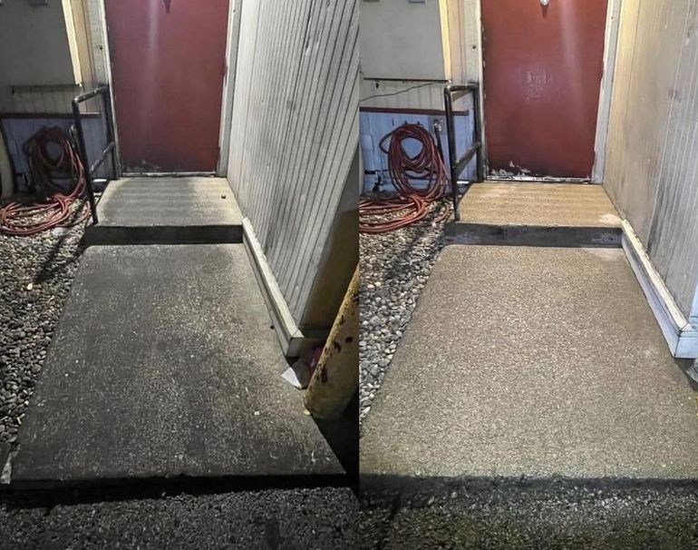 Split-screen view showing a concrete ramp before and after power washing, revealing a cleaner, lighter surface.