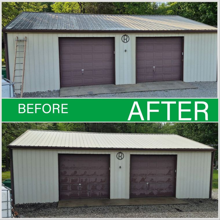 Before and after comparison of a light-colored metal building wall showing the removal of grime and dark vertical streaks.