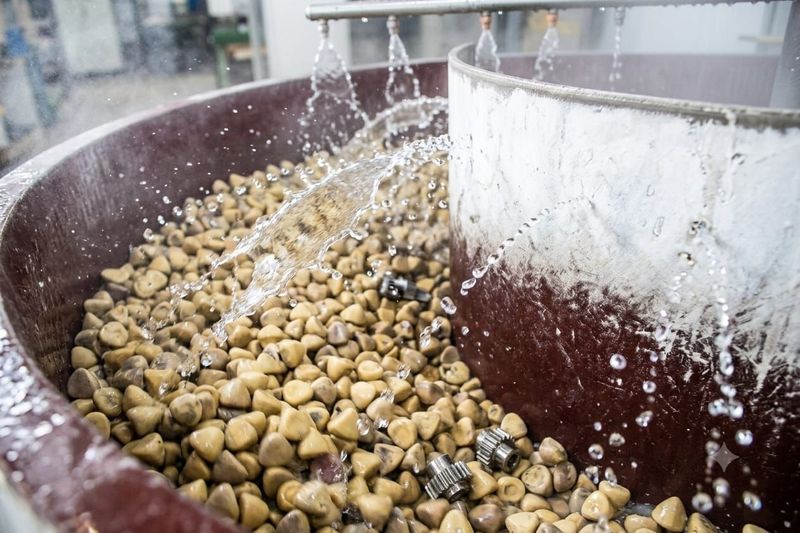 Frutta o noci lavate in un grande tamburo industriale rotante sotto acqua corrente.