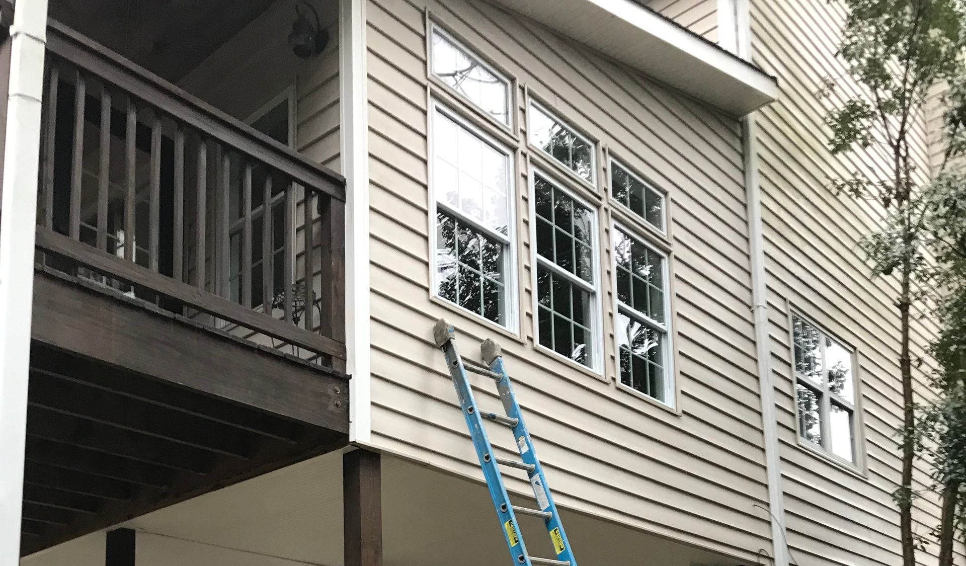 A blue extension ladder leans against the beige, wood-sided wall of a house, positioned beneath a row of windows.