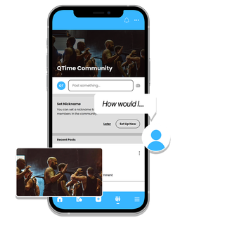 A cell phone with the qtime community app on it.