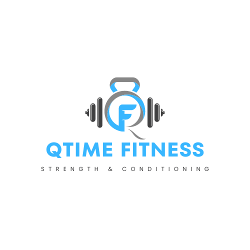 A logo for a gym called qtime fitness strength and conditioning.