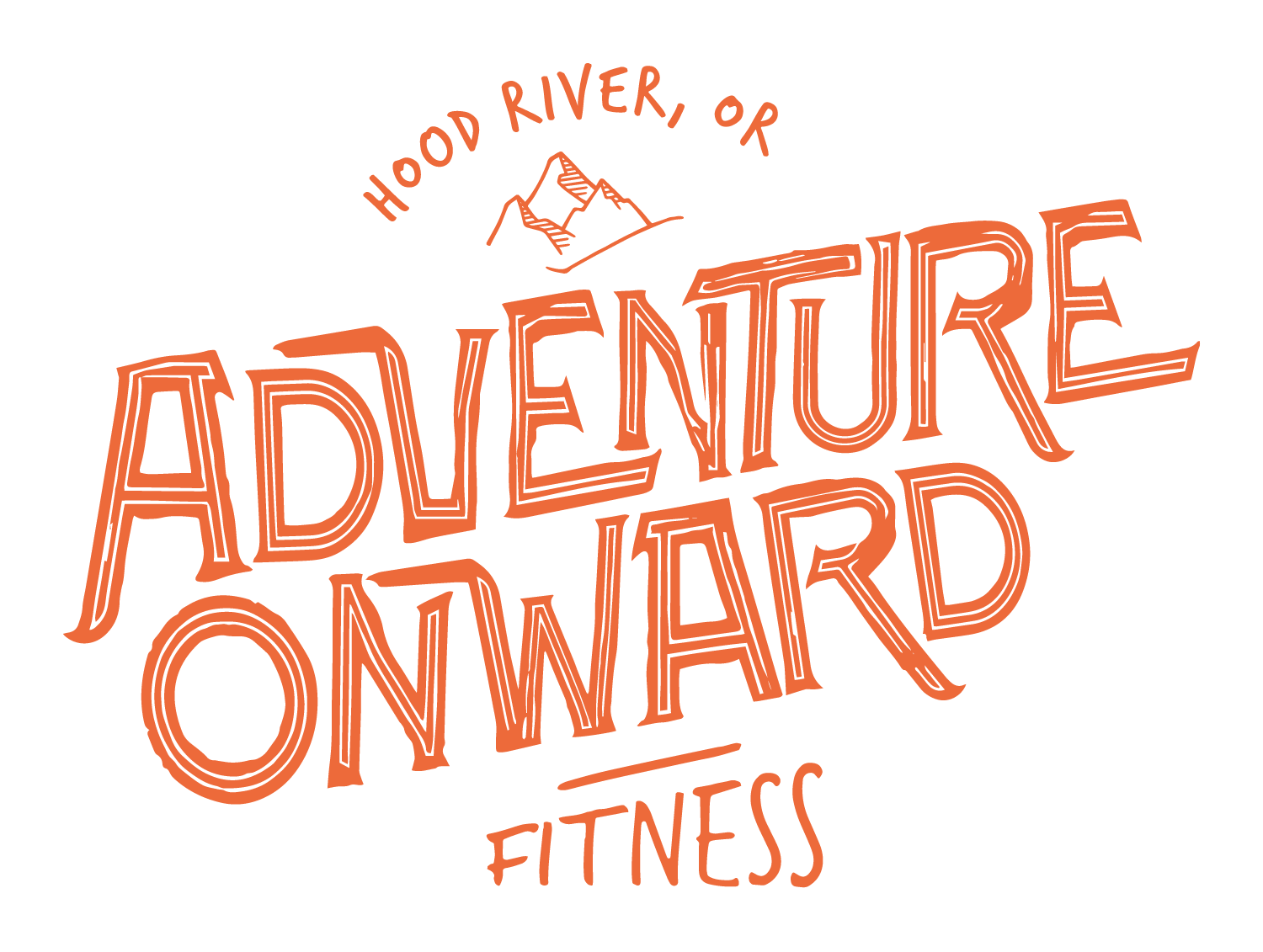 The logo for adventure onward fitness has a mountain in the background.