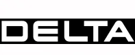 White DELTA wordmark on a black rectangular background