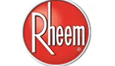Rheem logo in white text on a red circular background