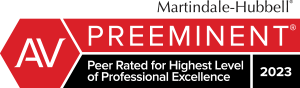 Martindale-Hubbell AV Preeminent rating for 2023. Red and black logo with 