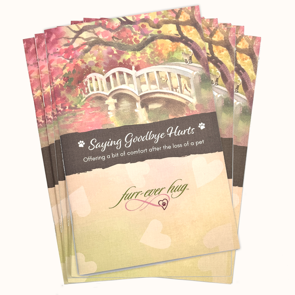 Stack of pet loss sympathy booklets with bridge scene and 