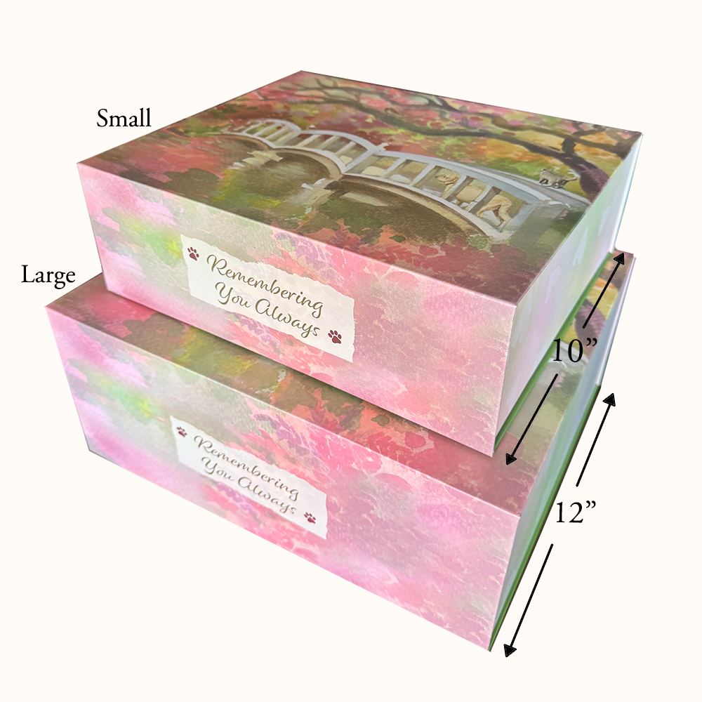 Two floral print boxes stacked, labeled 