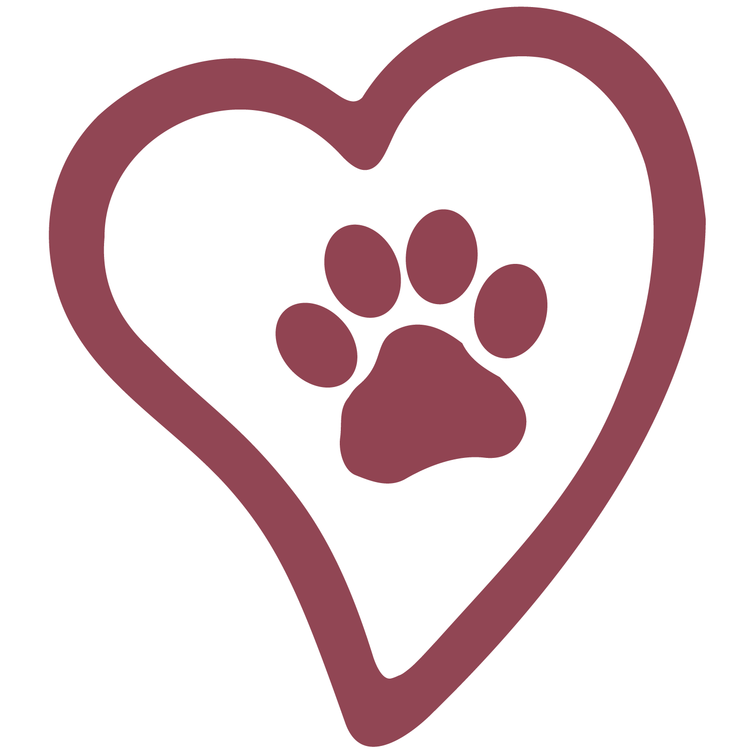 Maroon heart with paw print inside.