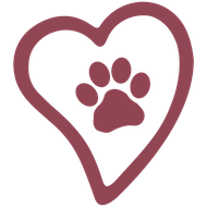 Maroon heart with a paw print in the center, representing love for animals.