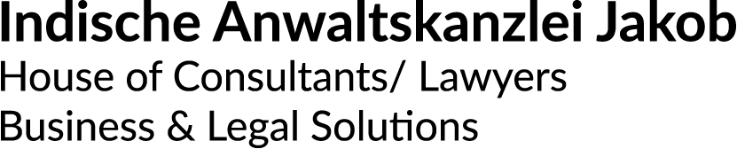 Logo für „Indische Anwaltskanzlei Jakob“ mit dem Text „House of Consultants/Lawyers“ und „Business & Legal Solutions“.