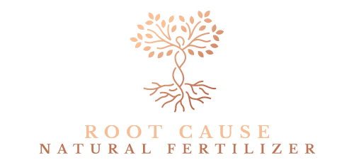 Root Cause Logo A logo for root cause natural fertilizer with a tree and roots.