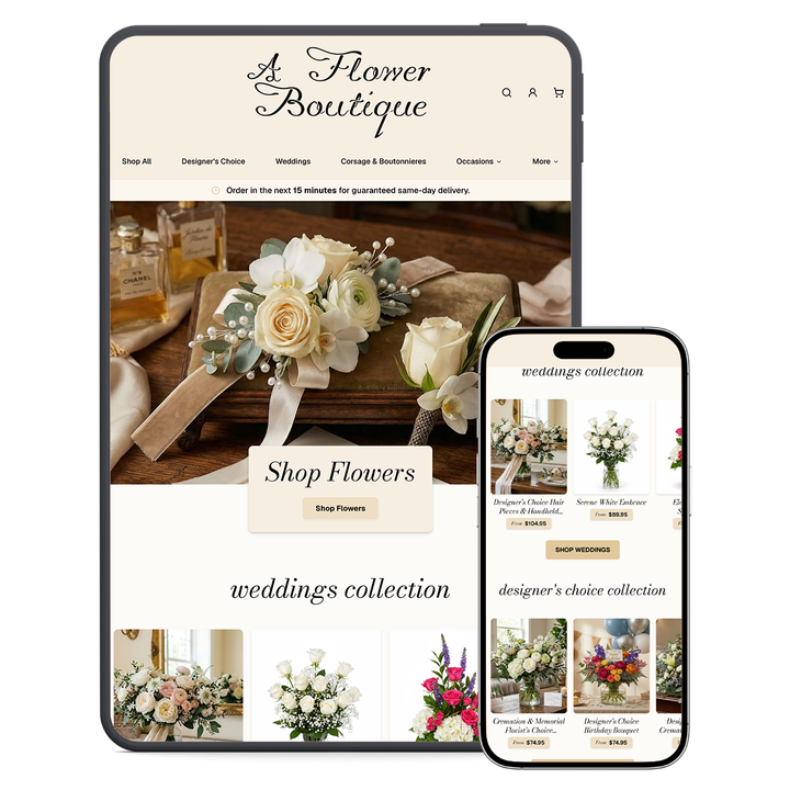 Flower Boutique website and mobile mockup featuring bouquets, wedding collection, and shop flowers